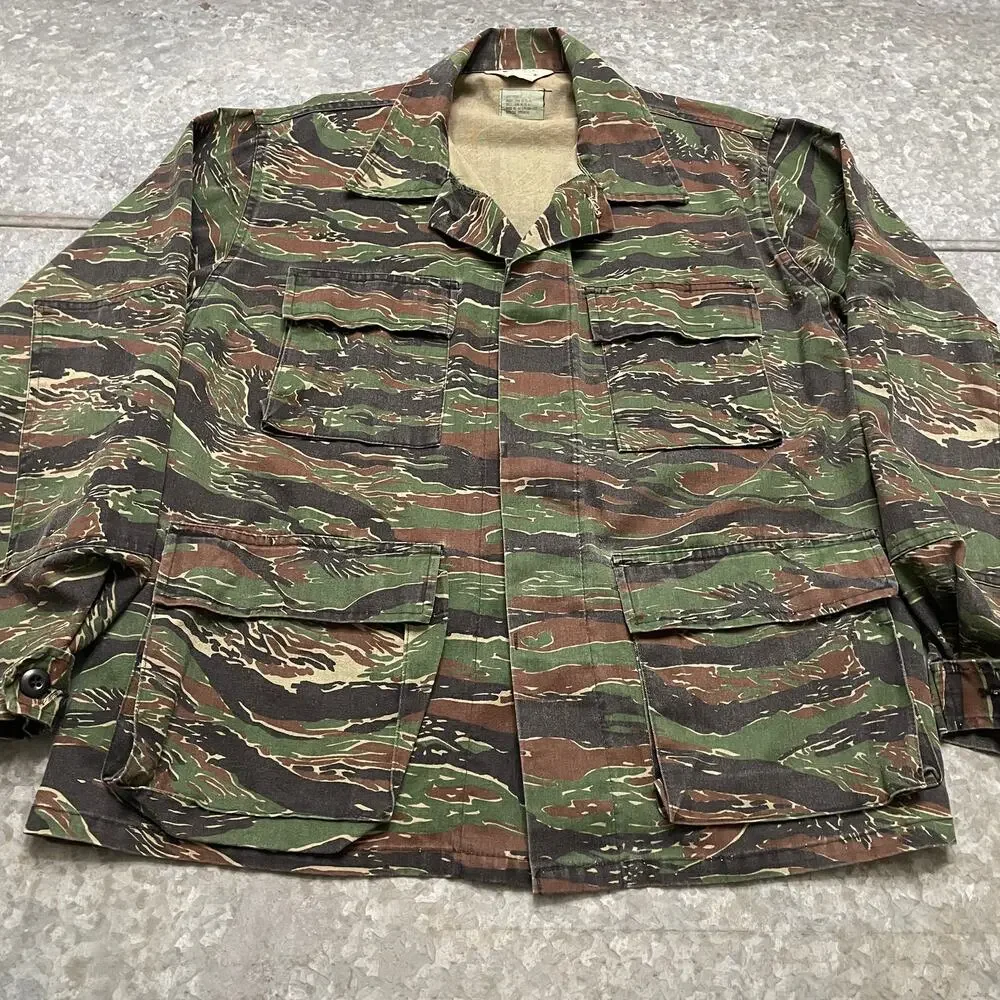 Vintage Cabela's Tiger Stripe Camo Combat Coat Large Military Field Jacket USA